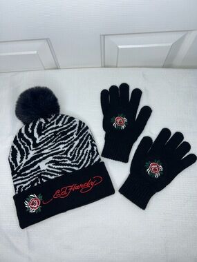 Ed Hardy Black & White Zebra Beanie with Red Rose Knit Gloves